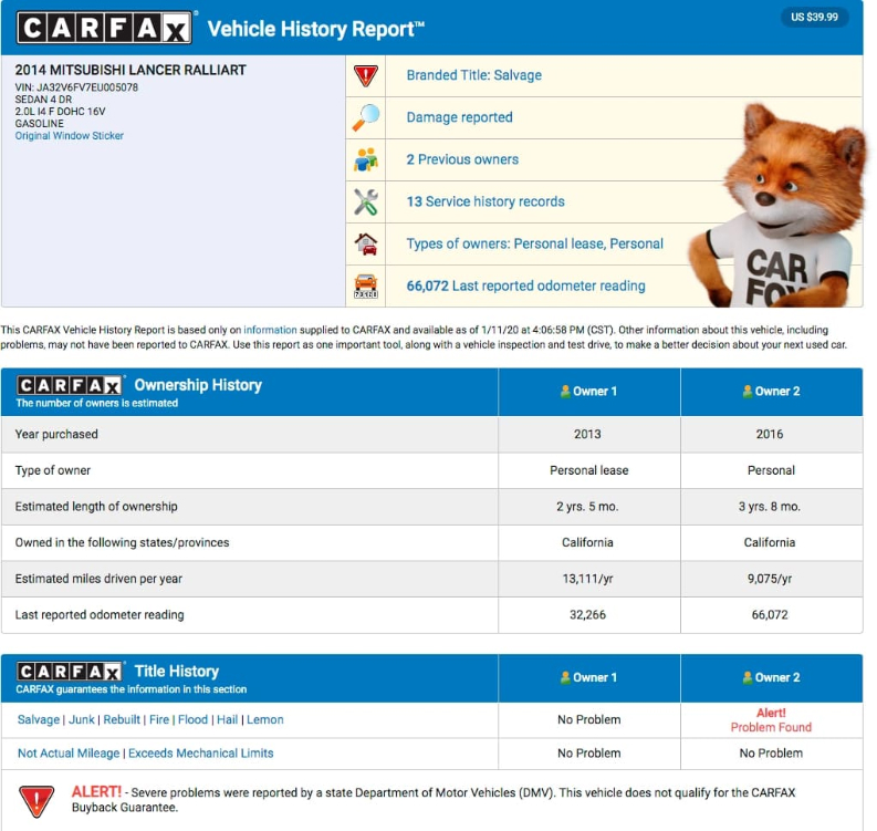 Przykładowy raport CarFax